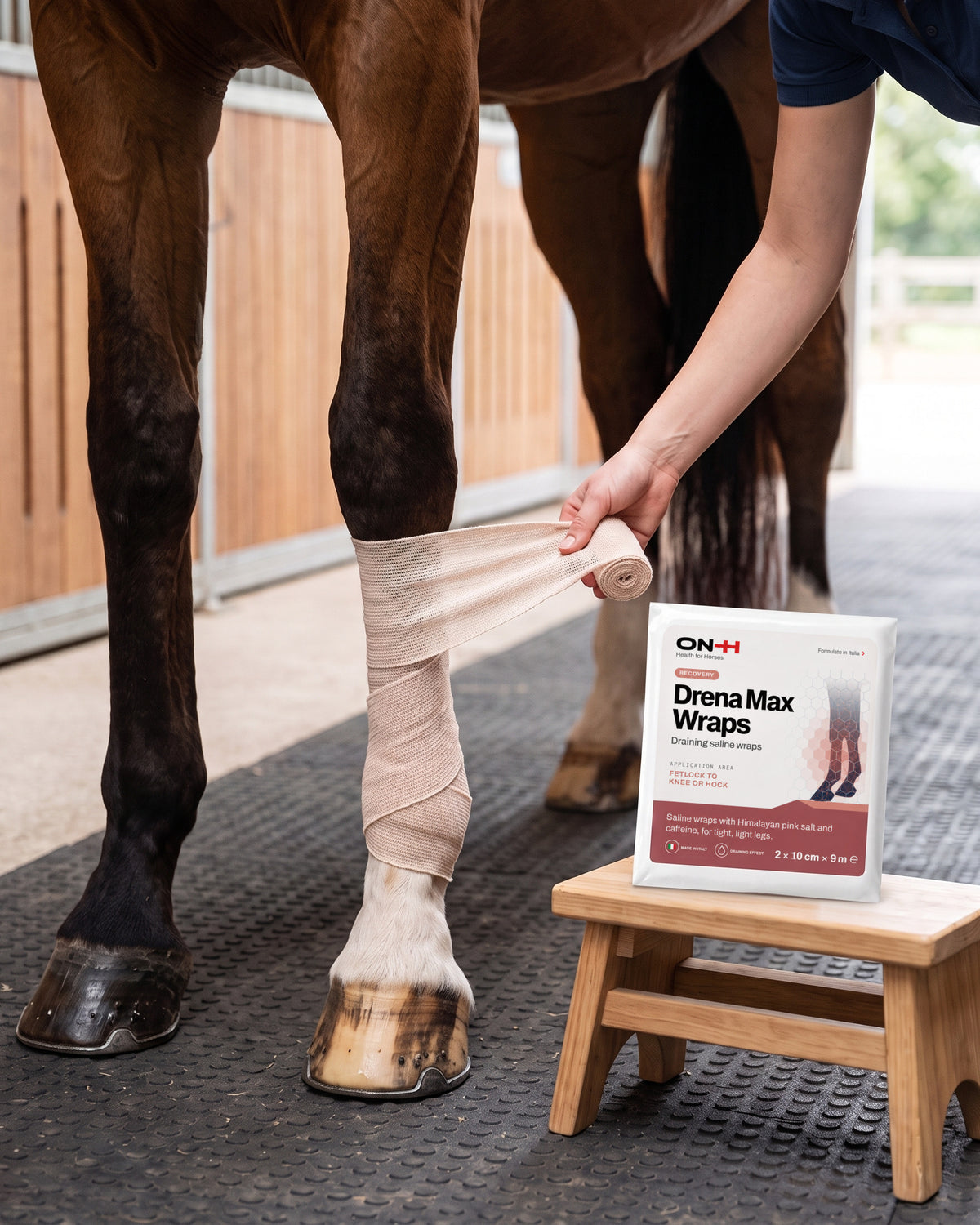 Drena Max Wraps wrapped from the fetlock up on a bay horse's leg
