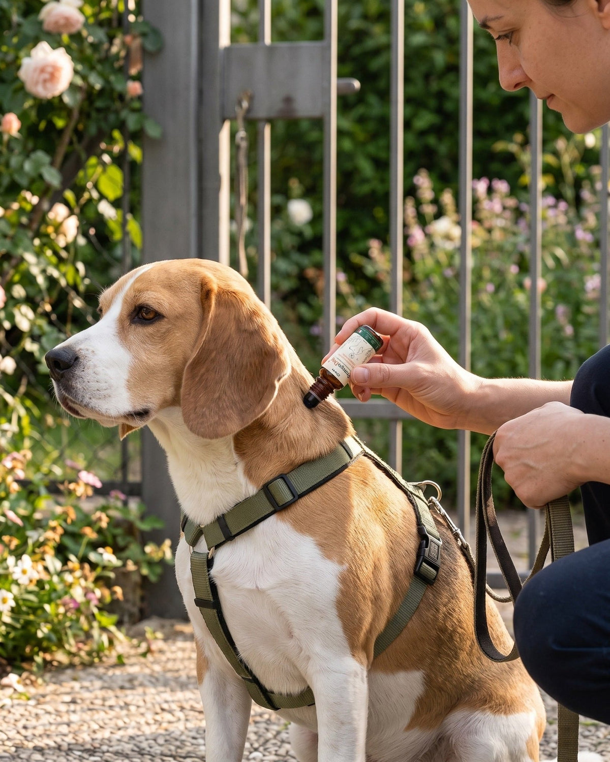 ProtegoDog passato sul collo di un beagle prima della passeggiata