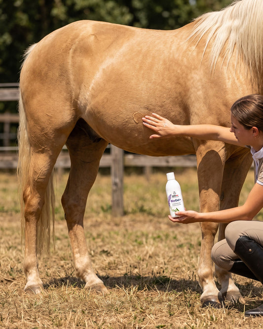 BioGel+ steso a mano sulla pancia di un cavallo palomino