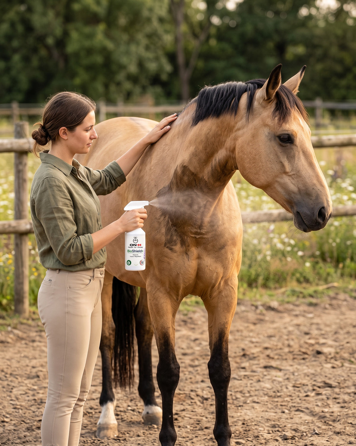 BioShield+ spruzzato su collo e spalla di un cavallo pelle di daino al paddock