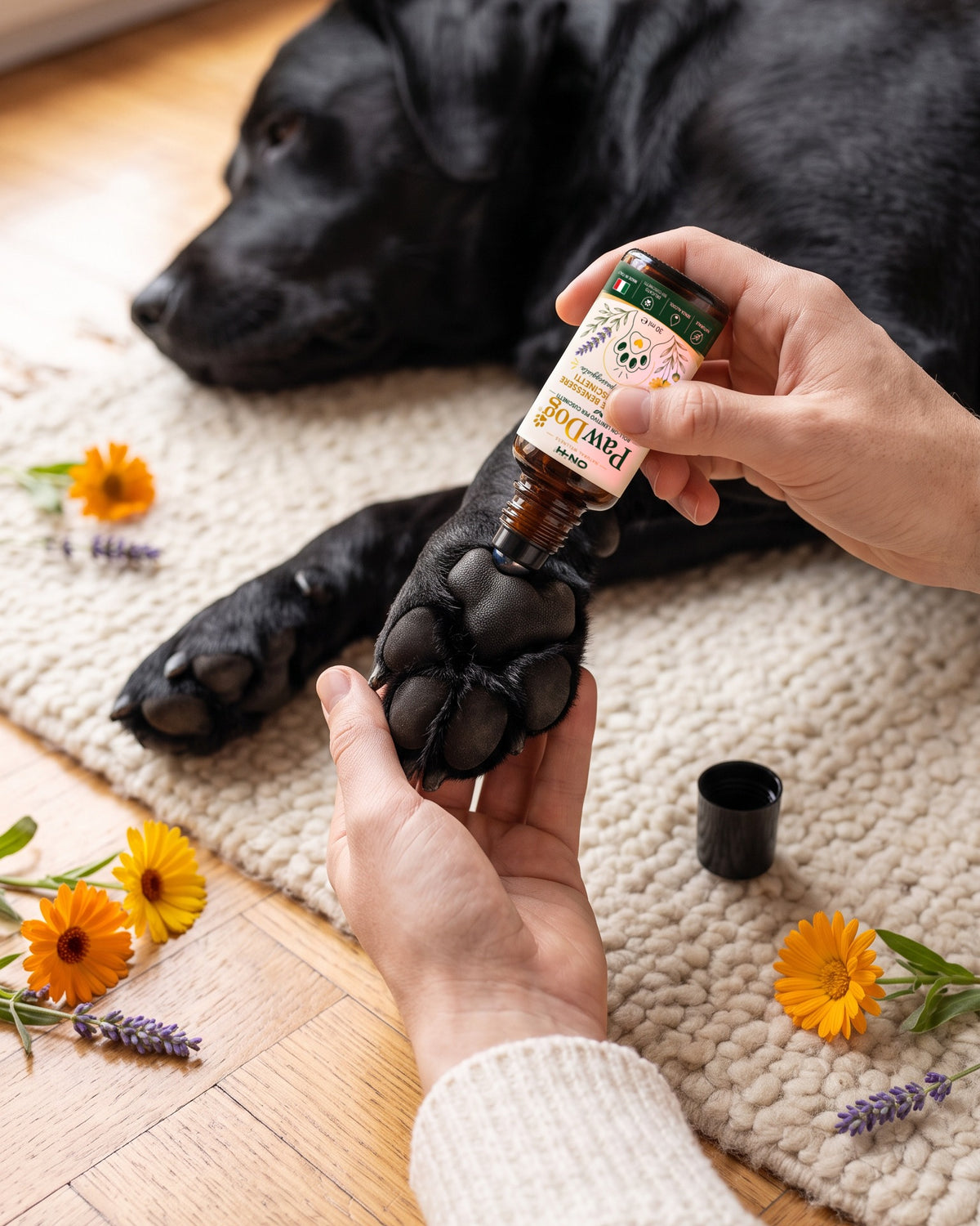 PawDog passato sui cuscinetti, sotto la zampa di un labrador nero