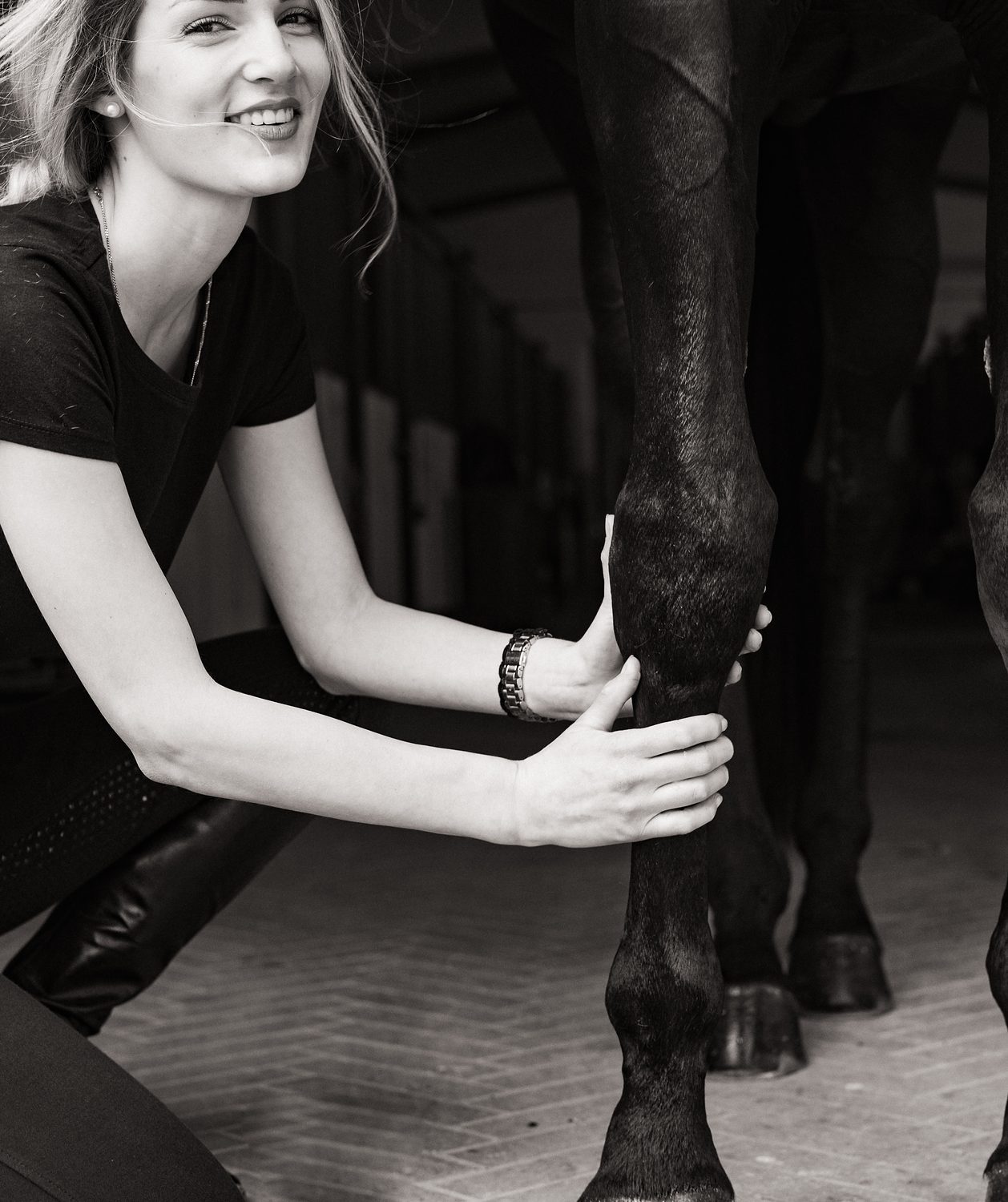 Mani sulla gamba anteriore di un cavallo, sotto il ginocchio, in bianco e nero